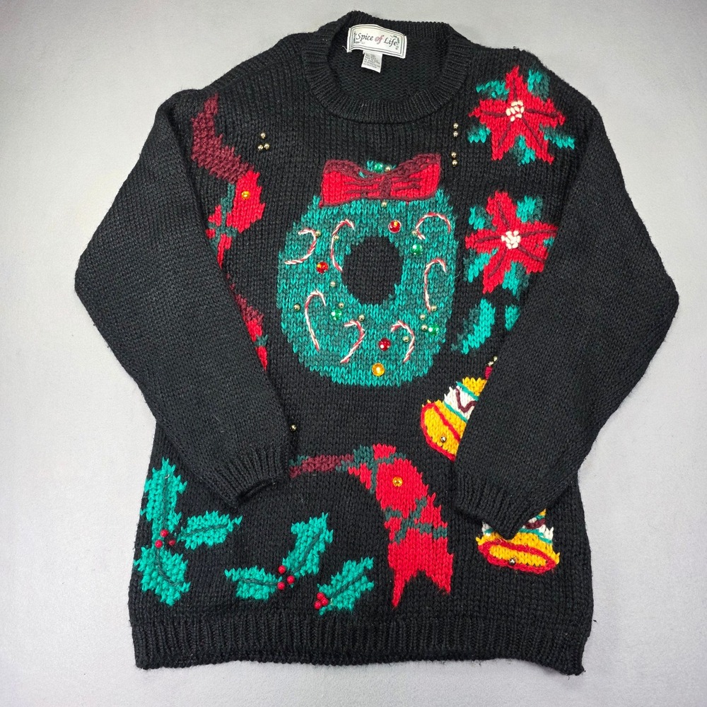 Spice of Life Womens Vintage Ugly Christmas Sweater Black Wreath Poinsettia Med